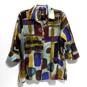 Ali Miles Women’s Abstract Patchwork Art Toggle Button Top – Size: PL